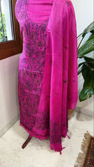 Pink Suit Set with Kantha Handwork in Pure Tussar Silk