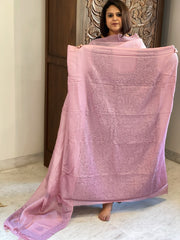 Purplish pink Suit Set with Lucknowi Handwork in Pure Tussar Silk