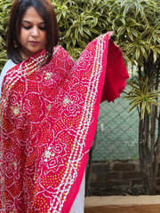 Red Bandhani Dupatta with Gotapatti Handwork in Pure Silk