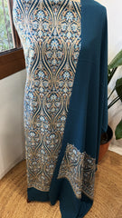Teal Blue Winter Suit Set with Aari Work in Pashmina Wool