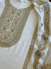 Ivory Winter Suit Set with Aari Work in Pashmina Wool