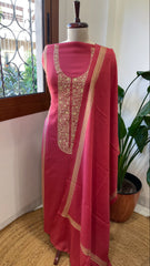 Carrot Pink Winter Suit Set with Aari Work in Pashmina Wool