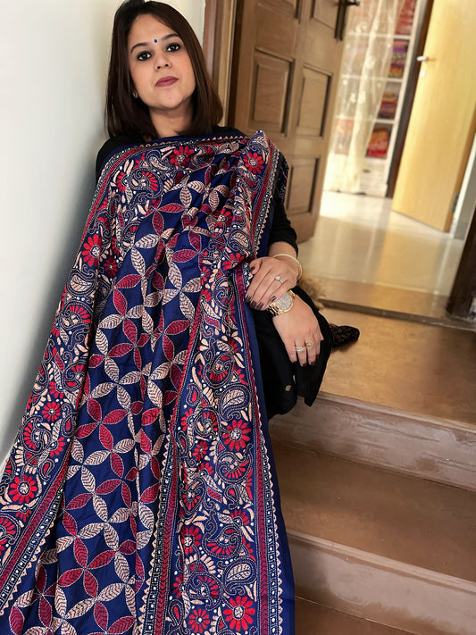 Blue Handmade Nakshi Kantha Dupatta in Pure Silk