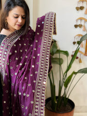 Purple Crepe Dupatta with Mirror and Cut Daana Work with Gota Lace Border