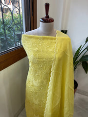 Yellow Suit Set with Thread Embroidery in Pure Mul