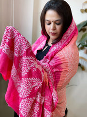 Peach, Pink Rai Bandhej Dupatta with Lucknowi Handwork in Pure Gajji Silk