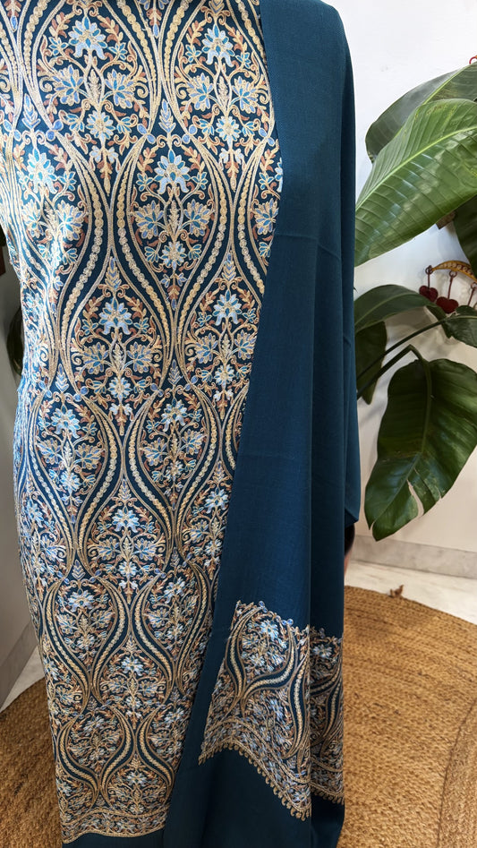 Teal Blue Winter Suit Set with Aari Work in Pashmina Wool