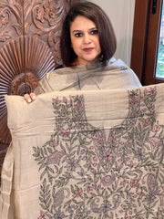 Lite Brown Suit Set with Kantha Handwork in Pure Tussar Silk