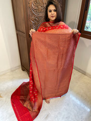 Red Designer Handwoven Kadwa Banarasi Suit Set in Pure Silk
