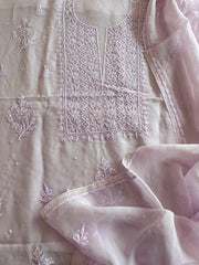 Lavender Suit Set with Lucknowi and Pearl Handwork in Organza Crepe