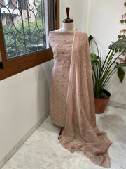 Antique Rose Suit Set with Thread Embroidery in Pure Mul