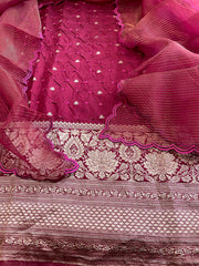 Maroon Handwoven Kadwa Banarasi with Hand Bandhani Suit Set in Pure Silk