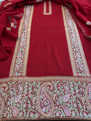 Red Winter Suit Set with Aari Work in Pashmina Wool