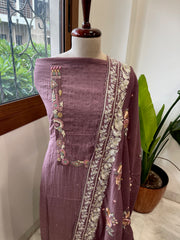 Mauve Suit Set with Thread Handwork and Parsi Gara Dupatta in Mul Cotton