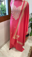 Pink Winter Suit Set with Aari Work in Pashmina Wool
