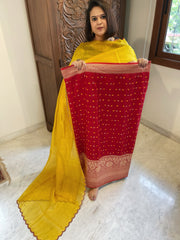 Red Handwoven Kadwa Banarasi with Hand Bandhani Suit Set in Pure Silk