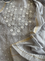 Grey Suit Set with Pearl, Cut Daana and Lucknowi Thread Handwork in Pure Mul Chanderi
