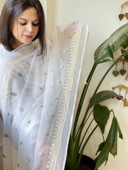 White Kota Cotton Dupatta with Thread Embroidery
