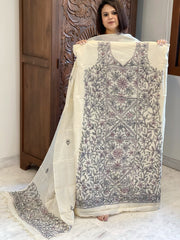 Ivory Suit Set with Kantha Handwork in Pure Tussar Silk