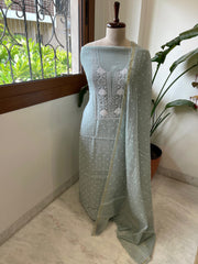Greenish Grey Suit Set with Pearl, Cut Daana and Lucknowi Thread Handwork in Pure Mul Chanderi