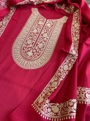 Red Winter Suit Set with Aari Work in Pashmina Wool