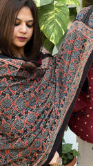 Black Ajrakh Handblock Printed Silk-Woollen Shawl