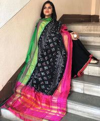 Black Handwoven Ikat Dupatta in Pure Silk