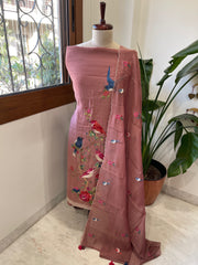 Antique Rose Suit Set with Thread Embroidery in Pure Mul Chanderi