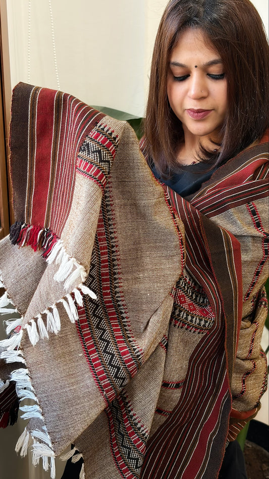 Brown Handwoven Woollen Kutchi Shawl
