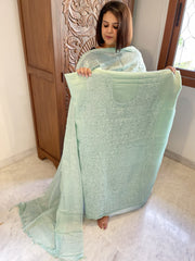 Aqua Suit Set with Lucknowi Handwork in Pure Tussar Silk