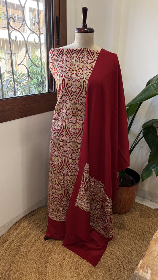 Crimson Red Winter Suit Set with Aari Work in Pashmina Wool