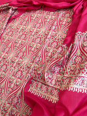 Hot Pink Winter Suit Set with Aari Work in Pashmina Wool