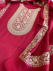Red Winter Suit Set with Aari Work in Pashmina Wool