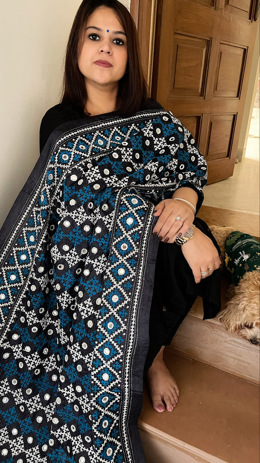 Black Handmade Sindhi Kadhai with Real Mirror Handwork Dupatta in Pure Silk
