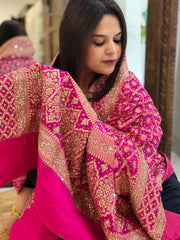 Pink Handwoven NeemZari Bareek Bandhani with Sequin, Dabka Handwork in Pure Georgette