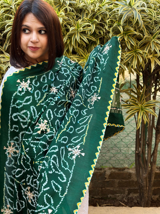 Green Bandhani Dupatta with Gotapatti Handwork in Pure Silk