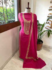 Fuscia Pink Winter Suit Set with Aari Work in Pashmina Wool