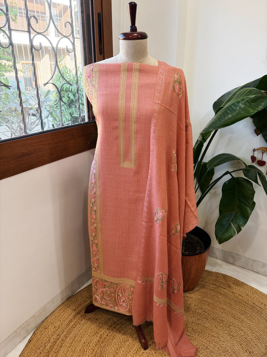 Peachish Pink Winter Suit Set with Aari Work in Pashmina Wool