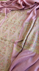 Pink Winter Suit Set with Aari Work in Pashmina Wool