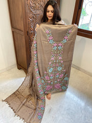 Golden Brown Suit Set with Cross-Stitch Embroidery in Pure Tussar Silk