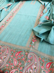 Turquoise Winter Suit Set with Aari Work in Pashmina Wool