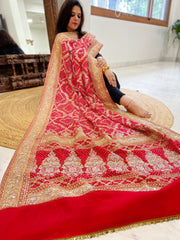Red Handwoven NeemZari Bareek Bandhani with Meenakari and Dabka Handwork in Pure Georgette