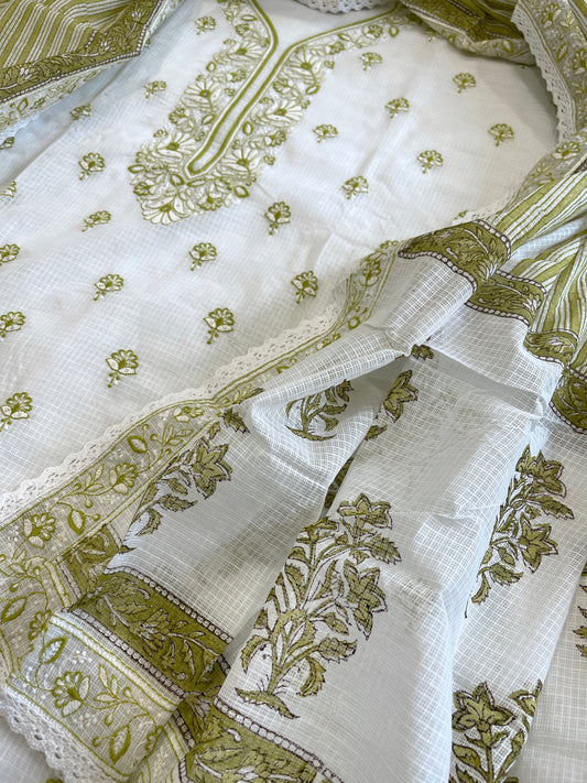 Green Handblock Printed Embroidered Suit Set in Kota Cotton