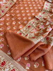 Orange Woven Suit Set with Zari and Meenakari in Weaving in Pure Moonga Silk