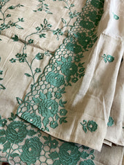 Gold, Green Suit Set with Thread Embroidery and Pitta Work in Tissue Chanderi