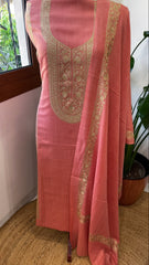 Peach Winter Suit Set with Aari Work in Pashmina Wool