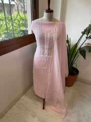 Baby Pink Suit Set with Pearl, Cut Daana and Thread Handwork in Pure Mul Chanderi