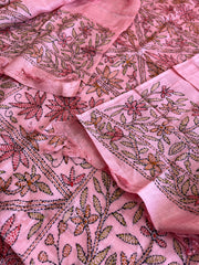 Pink Suit Set with Kantha Handwork in Pure Tussar Silk