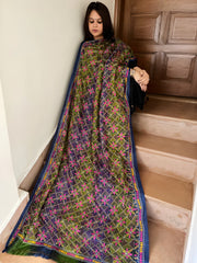 Blue, Green Handmade Kantha Dupatta in Silk