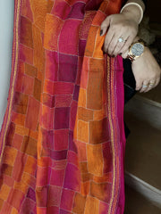 Orange, Pink Handmade Kantha Dupatta in Silk